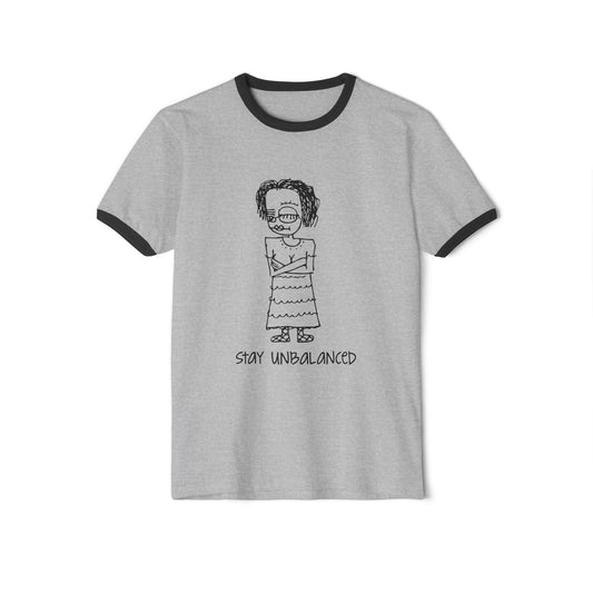 Stay Unbalanced Ringer T-Shirt — Hand-Drawn Tattoo Girl Graphic