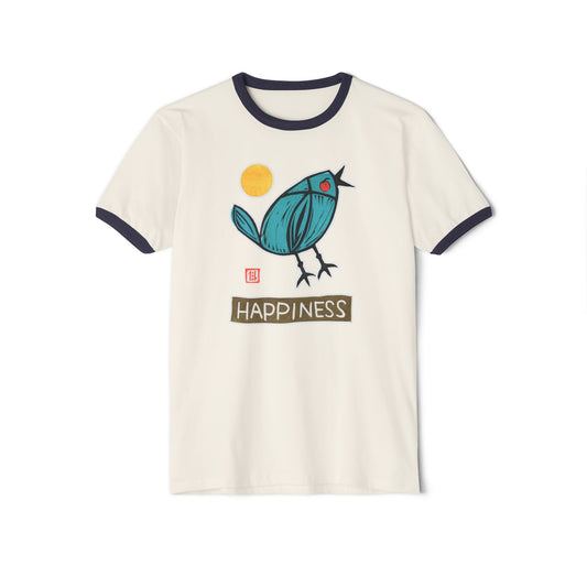 Vintage Style Bird Shirt | "Happiness" Cotton Ringer | Cute Whimsical Graphic Tee
