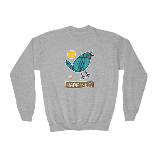"Happiness" Kids Graphic Sweatshirt | Small Good Things Bluebird Pullover | Youth Crewneck