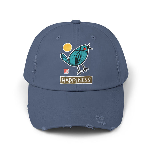 Meaningful Bluebird Distressed Cap | "Happiness" Baseball Hat | Personal Growth Accessory