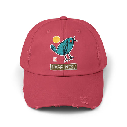 Meaningful Bluebird Distressed Cap | "Happiness" Baseball Hat | Personal Growth Accessory