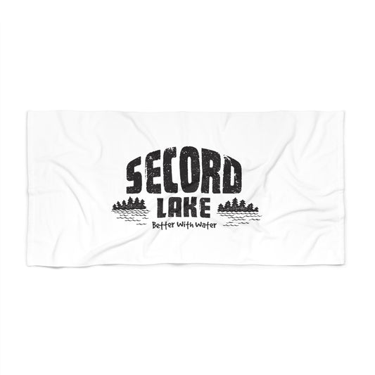 Lake Graphic Beach Towel — "Secord Lake" Vintage Cabin Design