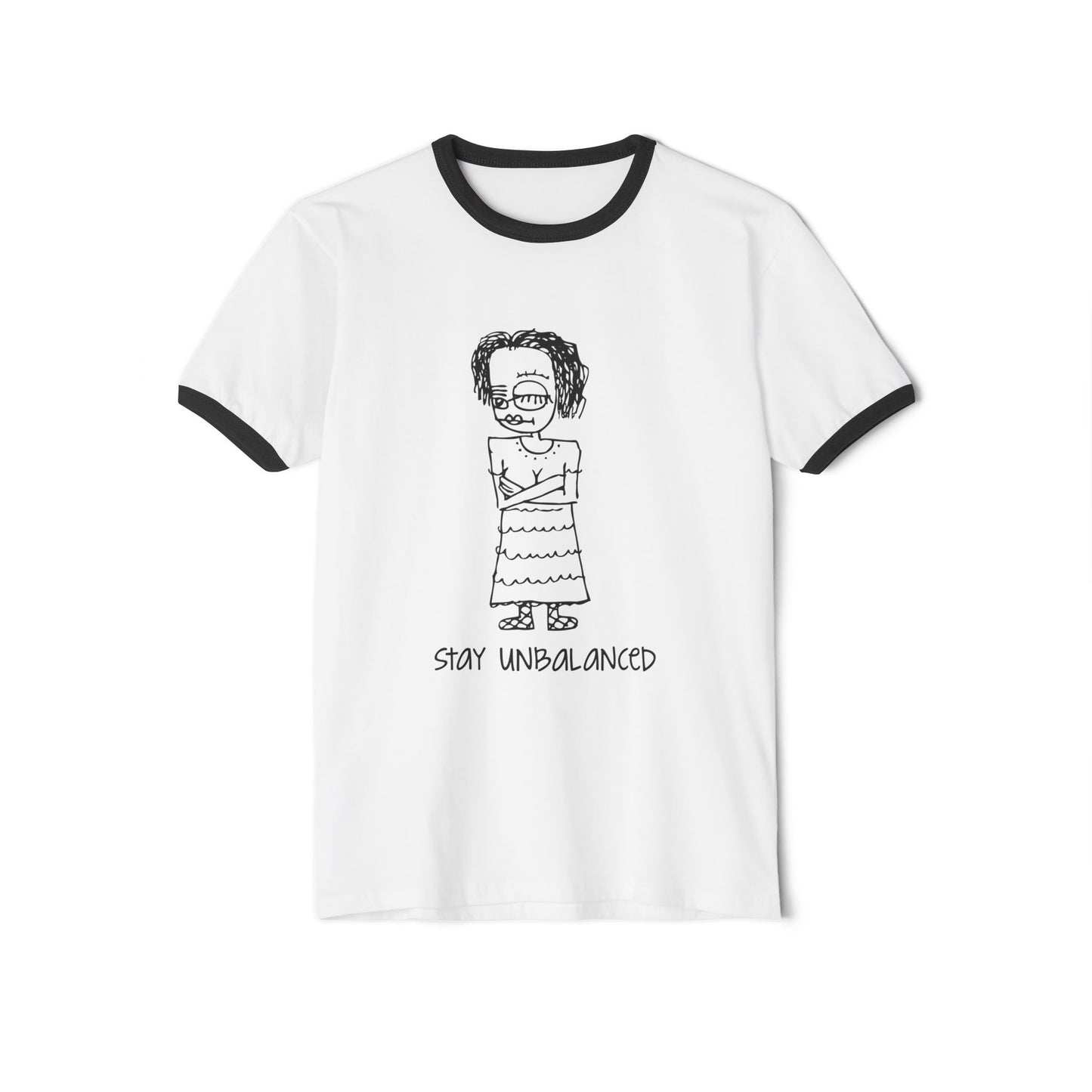 Stay Unbalanced Ringer T-Shirt — Hand-Drawn Tattoo Girl Graphic