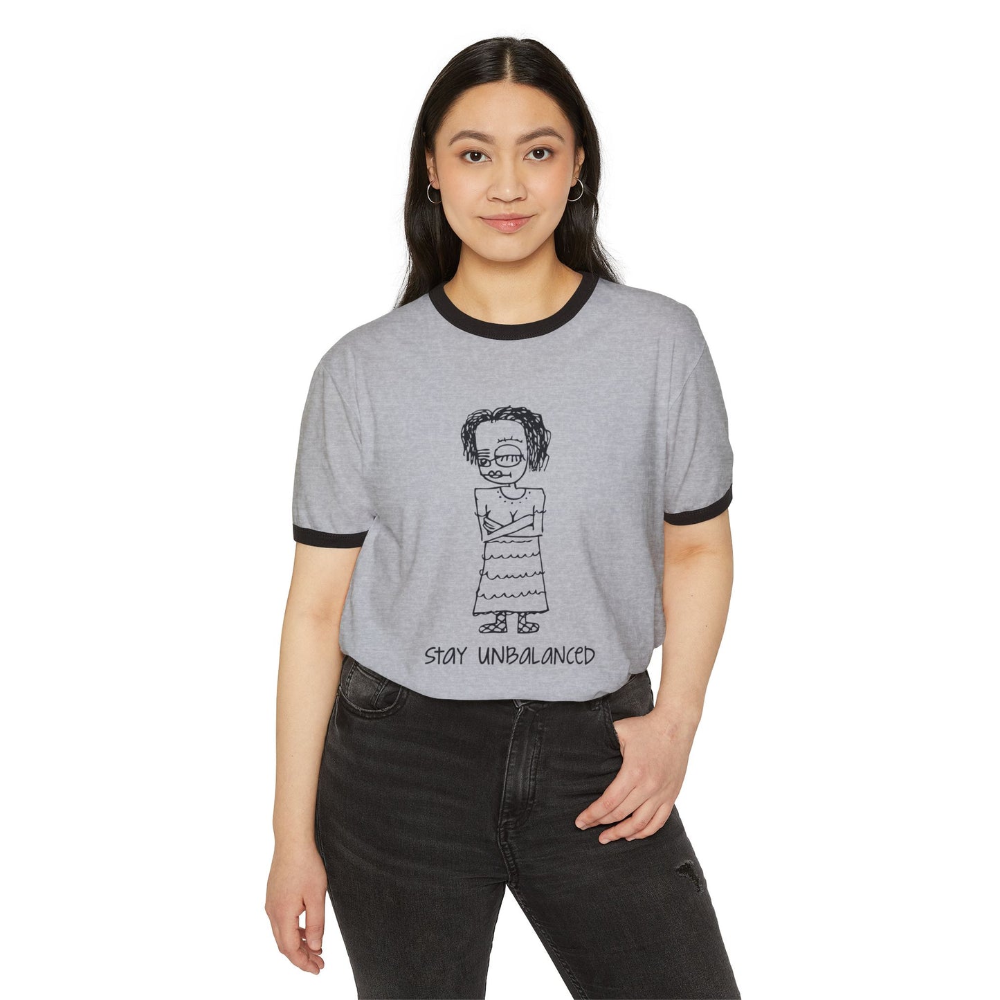 Stay Unbalanced Ringer T-Shirt — Hand-Drawn Tattoo Girl Graphic