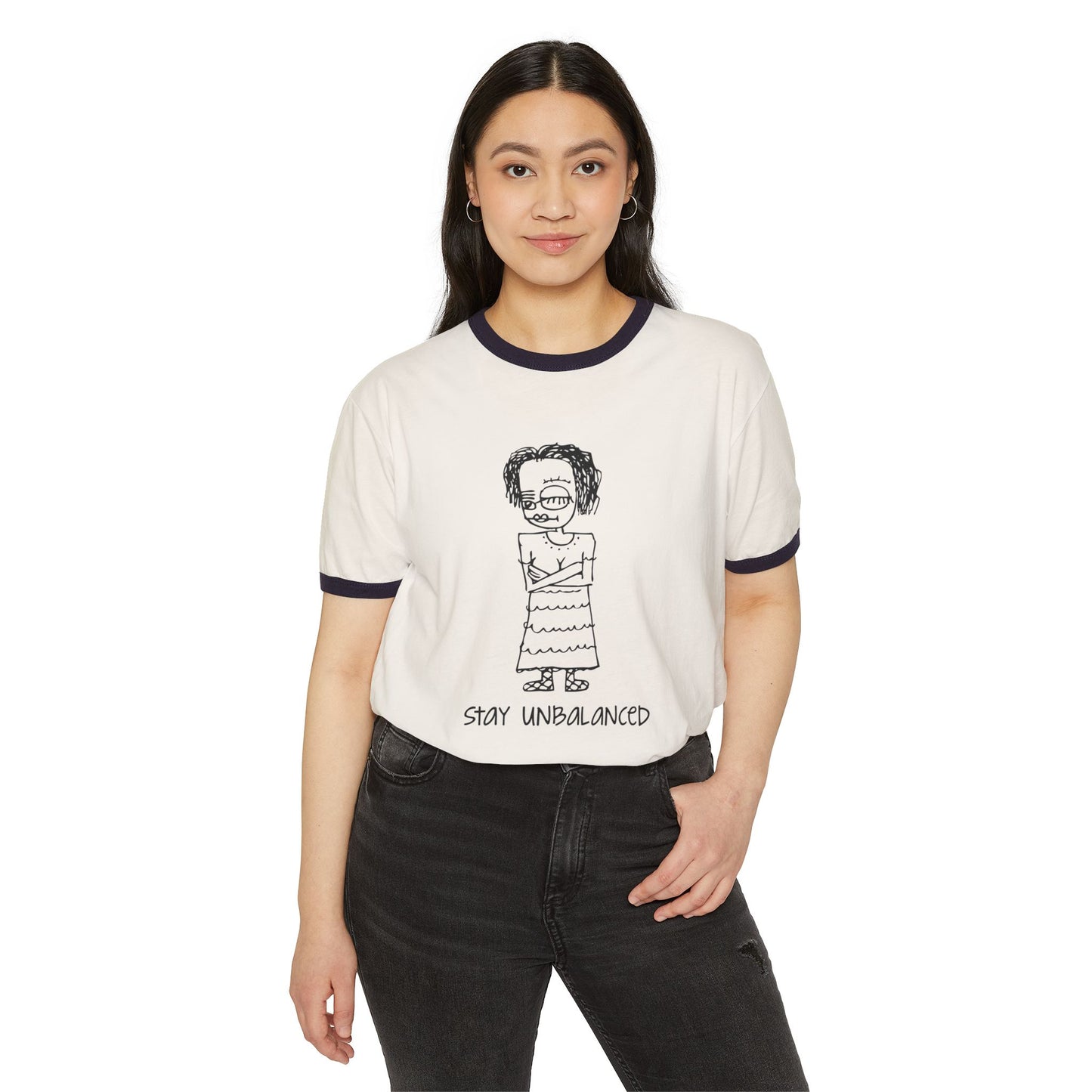 Stay Unbalanced Ringer T-Shirt — Hand-Drawn Tattoo Girl Graphic