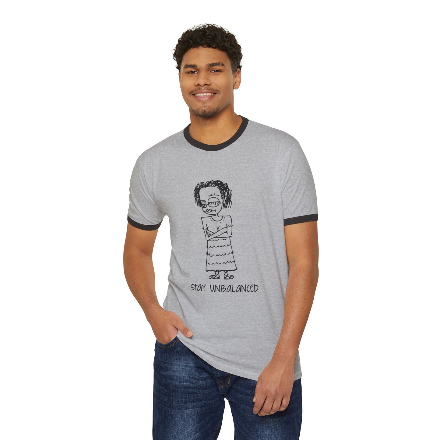 Stay Unbalanced Ringer T-Shirt — Hand-Drawn Tattoo Girl Graphic
