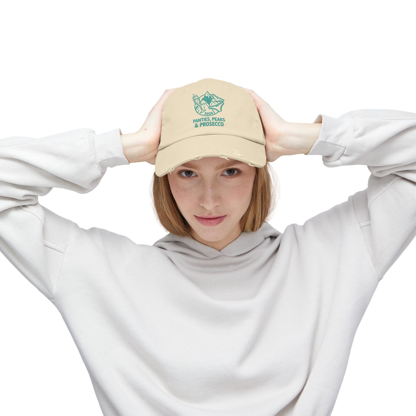 Distressed Cap — 'Panties, Peaks & Prosecco' Embroidered Mountain Hat