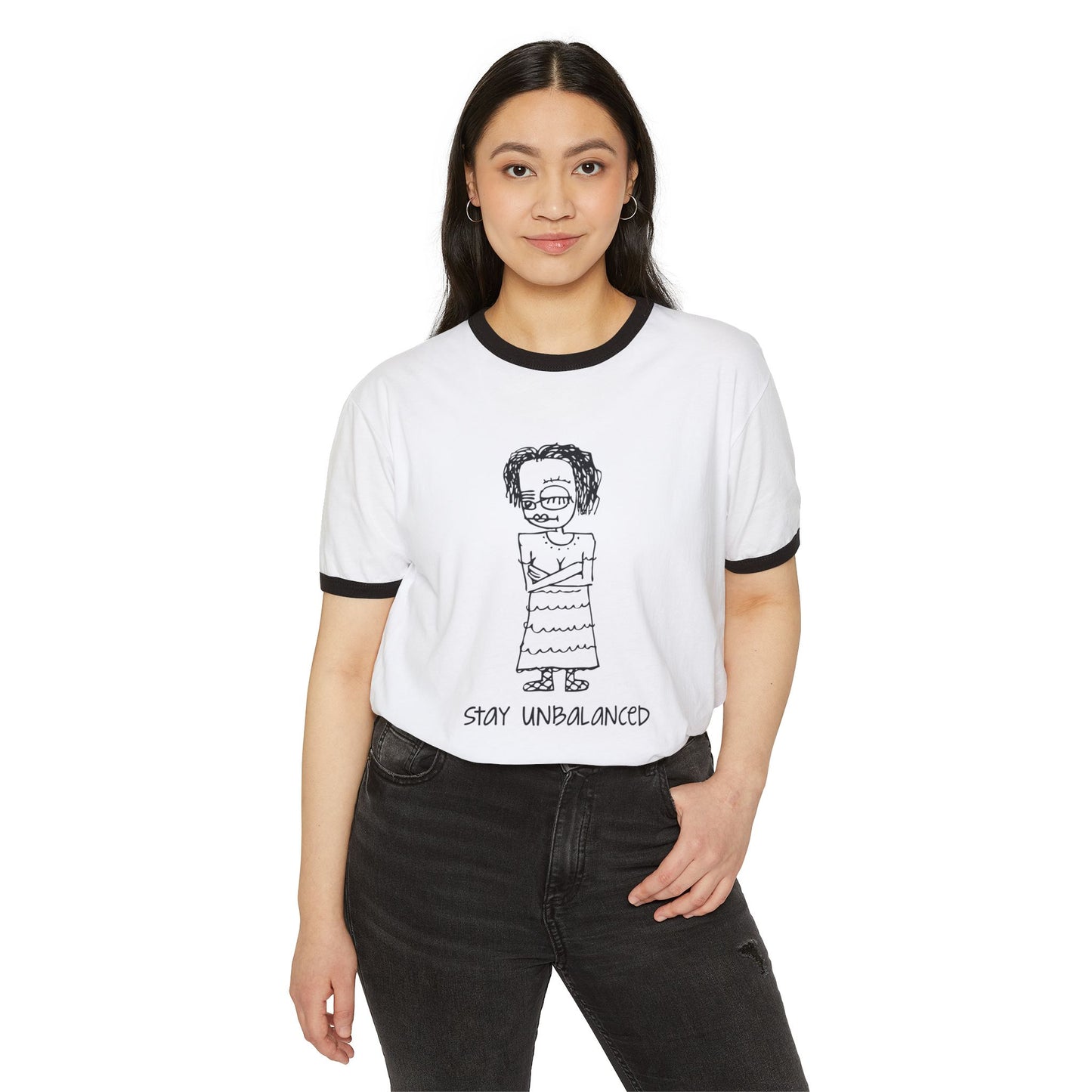 Stay Unbalanced Ringer T-Shirt — Hand-Drawn Tattoo Girl Graphic