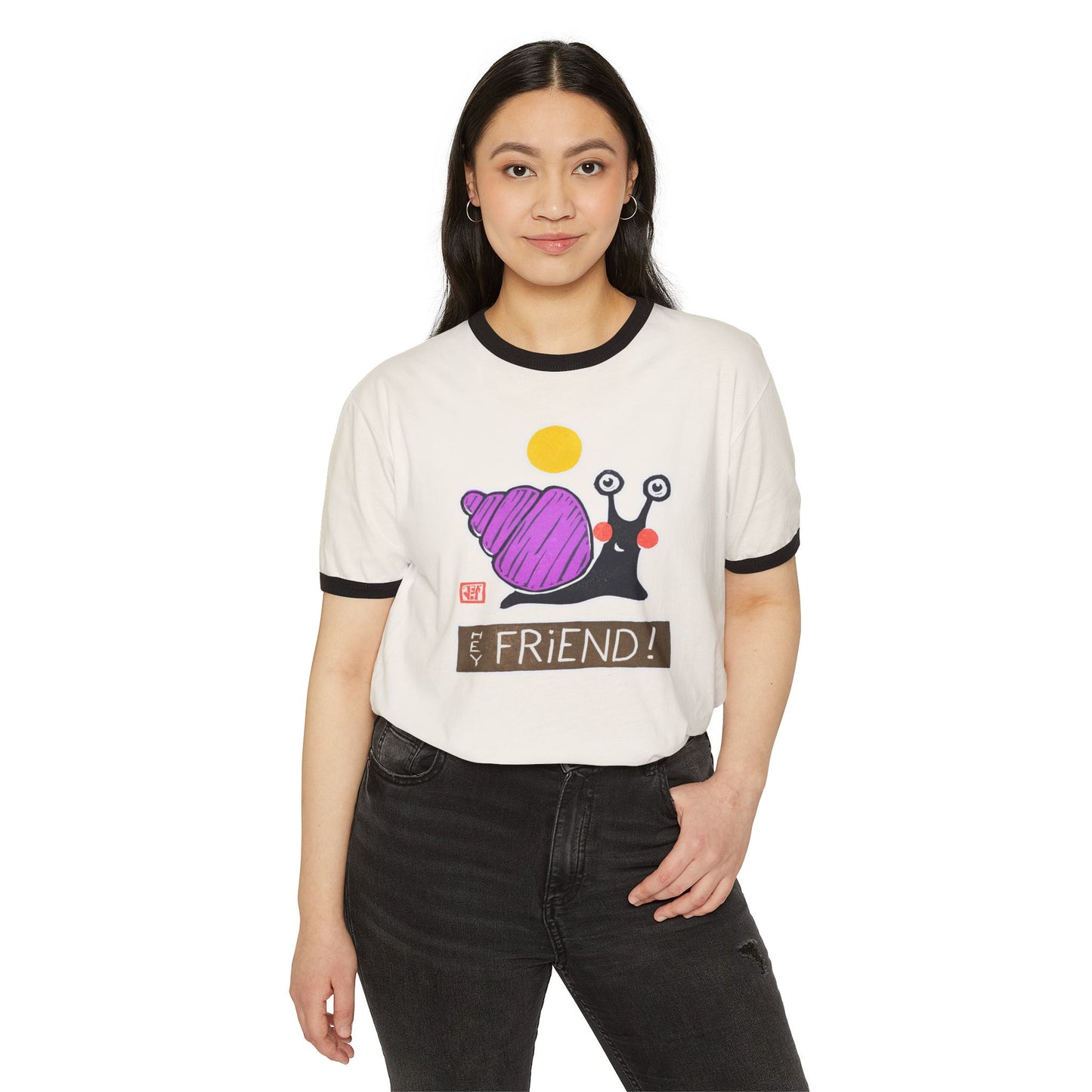 Funny Snail Ringer Tee | "Hey Friend" Graphic T-Shirt | Retro Gift for Bestie