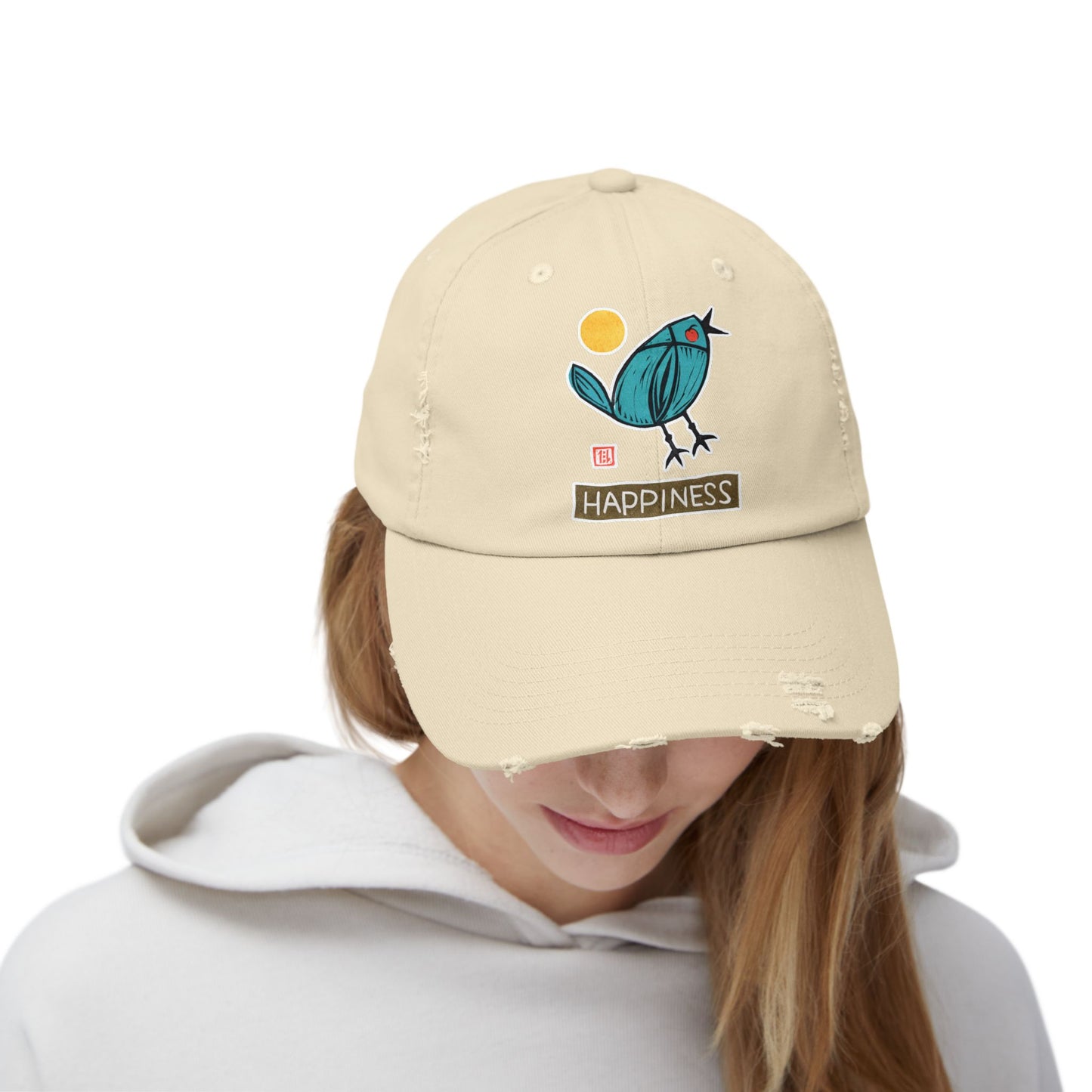Meaningful Bluebird Distressed Cap | "Happiness" Baseball Hat | Personal Growth Accessory