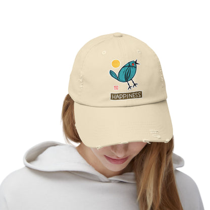 Meaningful Bluebird Distressed Cap | "Happiness" Baseball Hat | Personal Growth Accessory