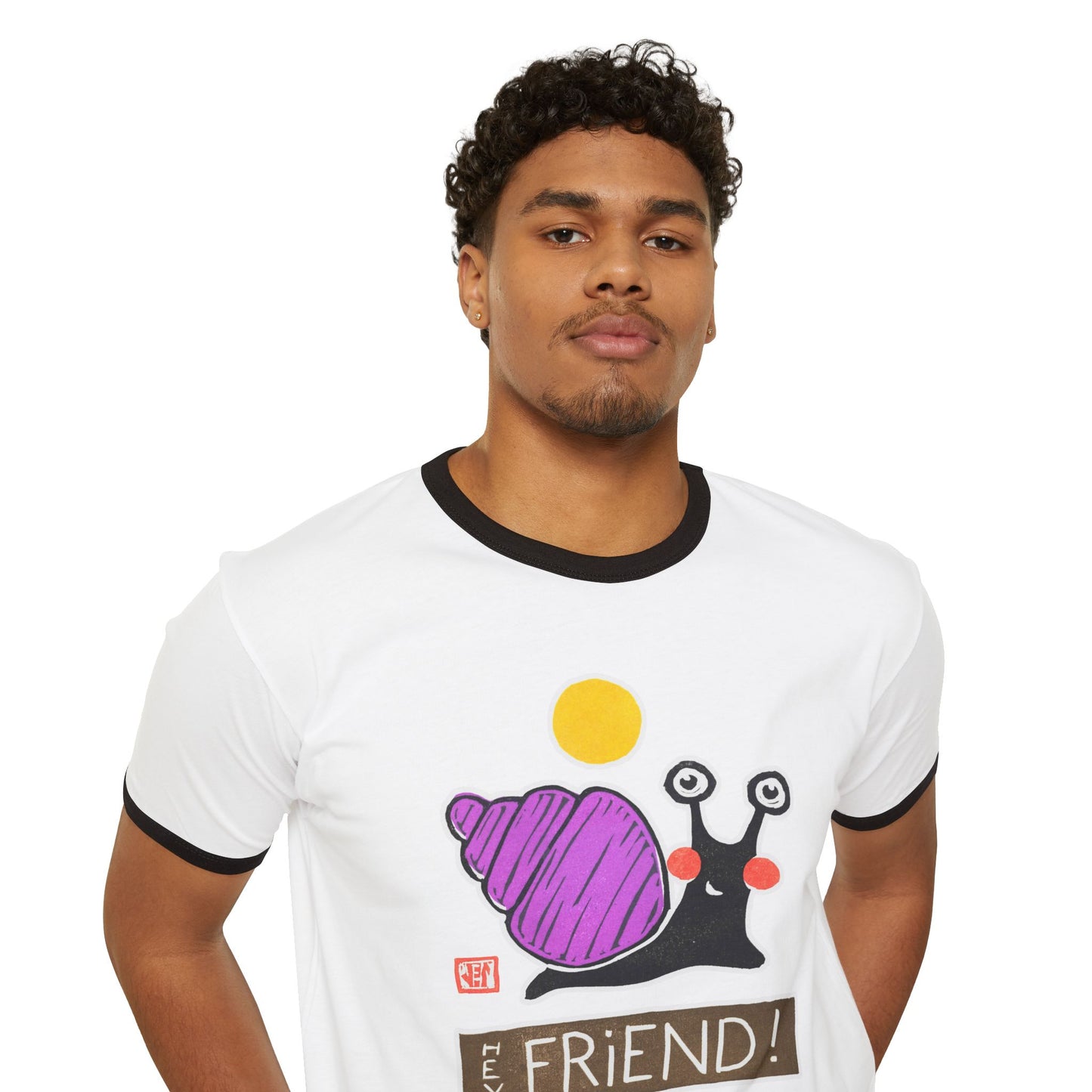 Funny Snail Ringer Tee | "Hey Friend" Graphic T-Shirt | Retro Gift for Bestie