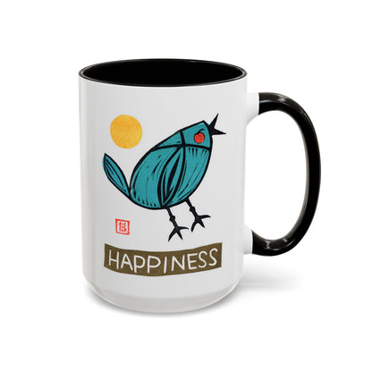 Happy Bird Coffee Mug | "Happiness" Ceramic 15oz | Inspirational Gift for Bird Lovers