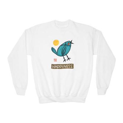 "Happiness" Kids Graphic Sweatshirt | Small Good Things Bluebird Pullover | Youth Crewneck