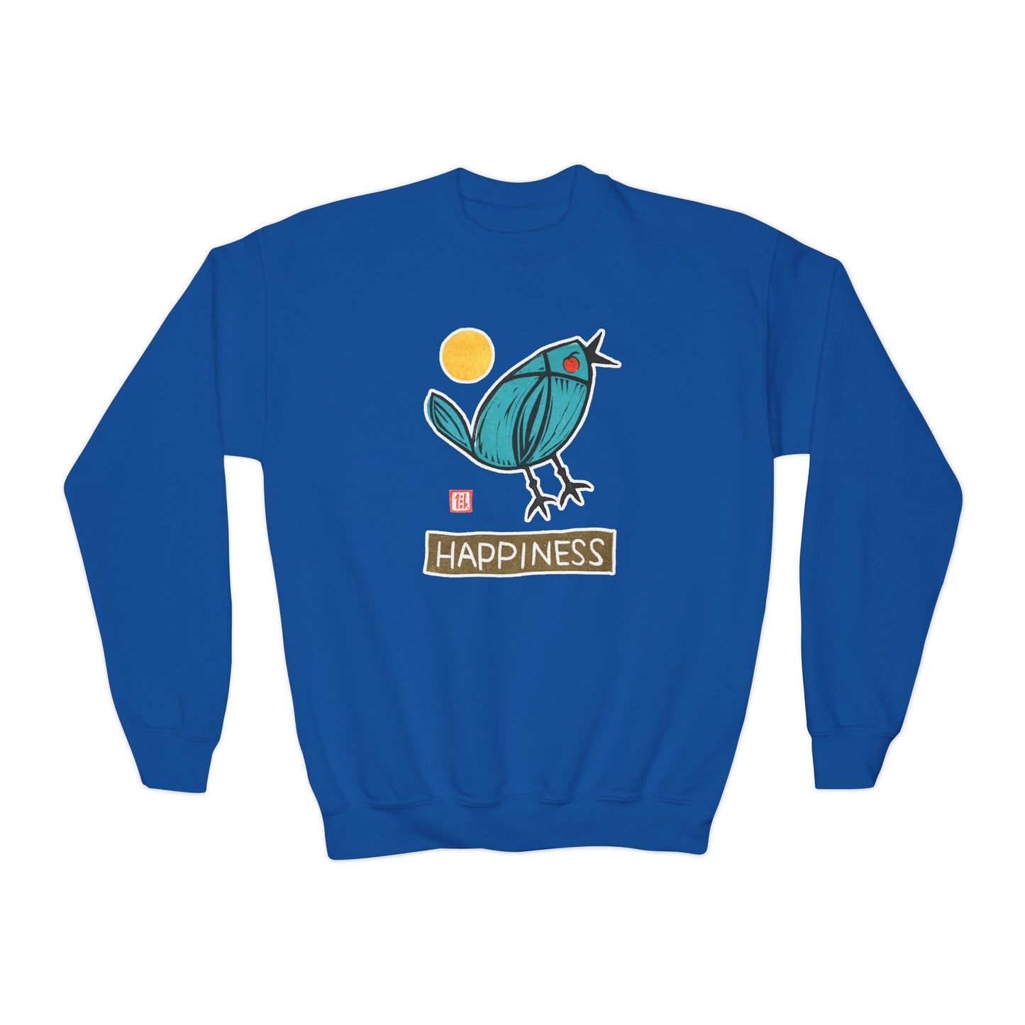 "Happiness" Kids Graphic Sweatshirt | Small Good Things Bluebird Pullover | Youth Crewneck