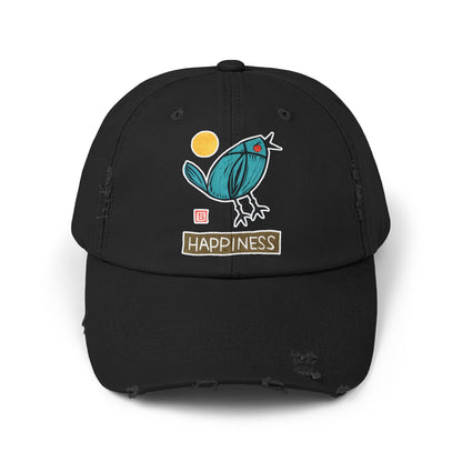 Meaningful Bluebird Distressed Cap | "Happiness" Baseball Hat | Personal Growth Accessory