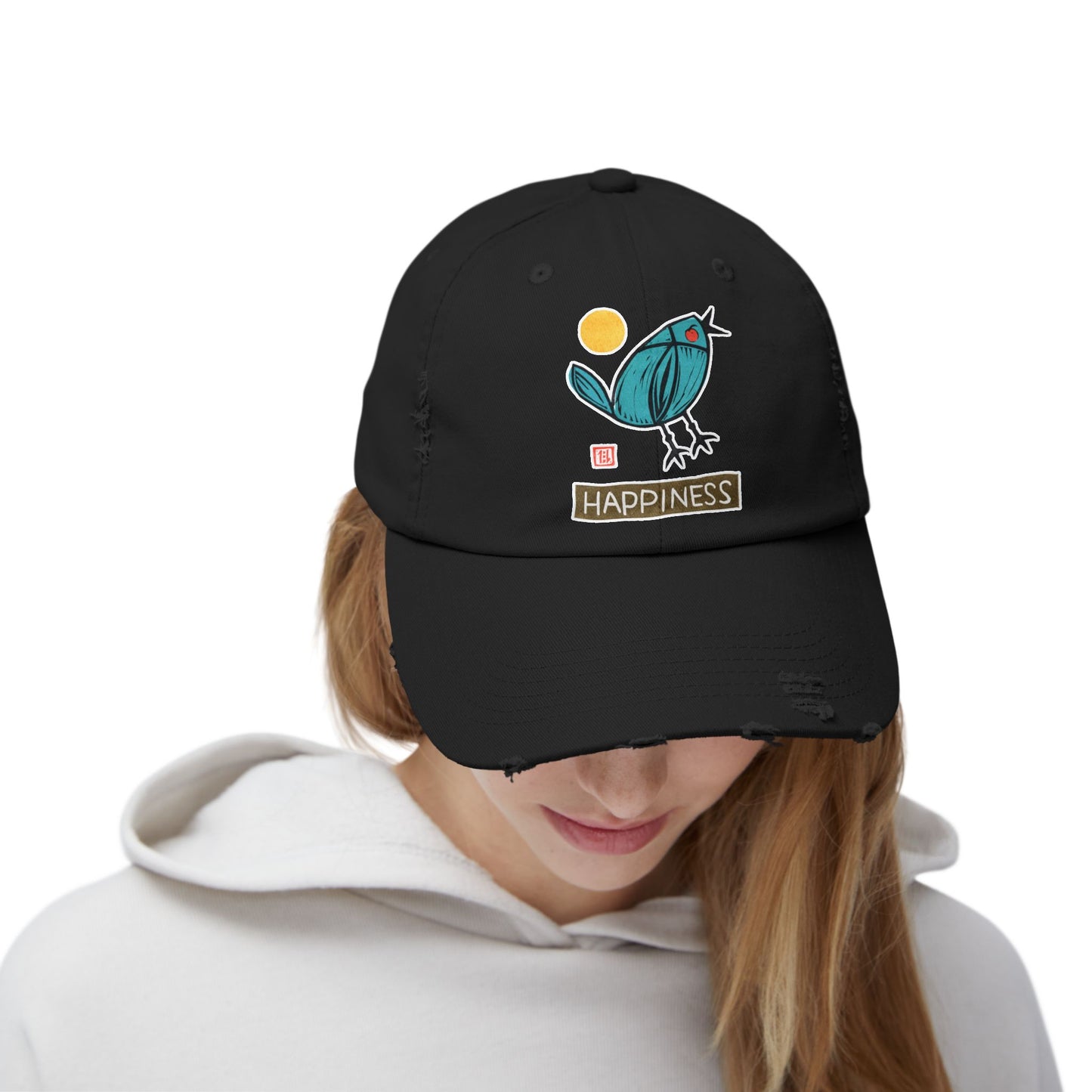 Meaningful Bluebird Distressed Cap | "Happiness" Baseball Hat | Personal Growth Accessory