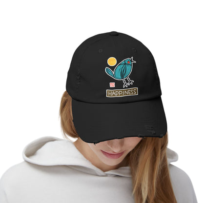 Meaningful Bluebird Distressed Cap | "Happiness" Baseball Hat | Personal Growth Accessory
