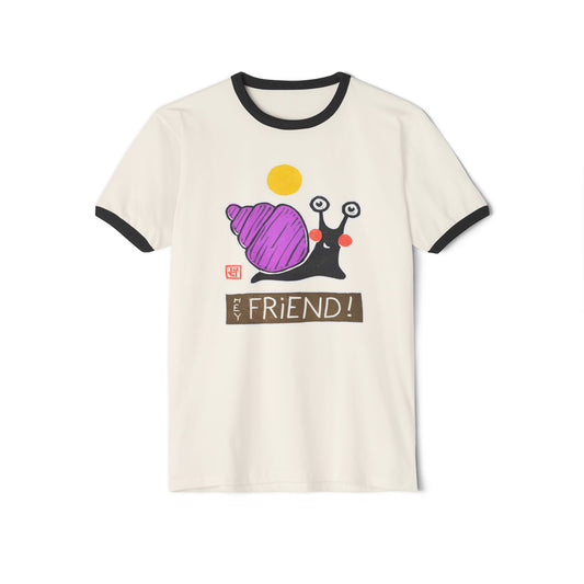 Funny Snail Ringer Tee | "Hey Friend" Graphic T-Shirt | Retro Gift for Bestie