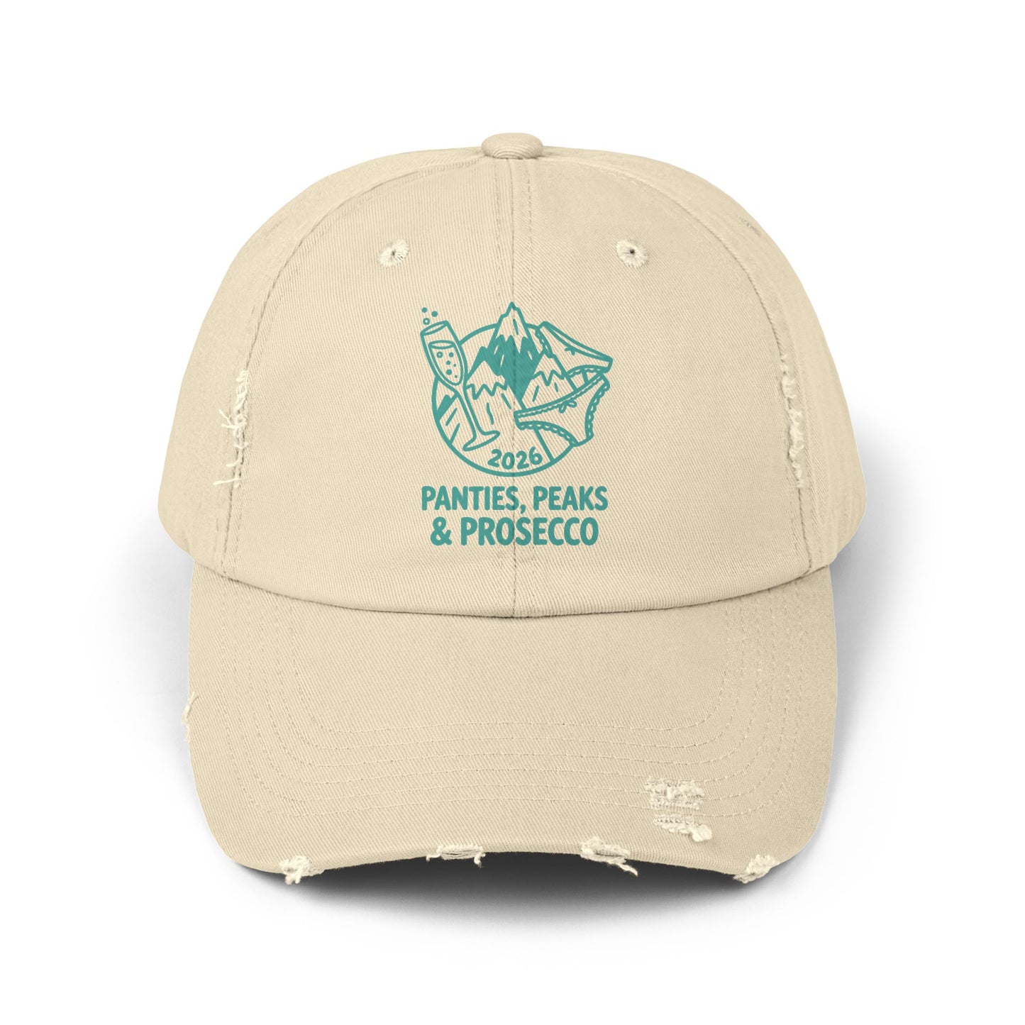Distressed Cap — 'Panties, Peaks & Prosecco' Embroidered Mountain Hat