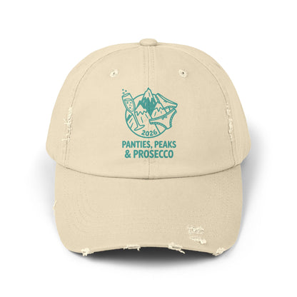 Distressed Cap — 'Panties, Peaks & Prosecco' Embroidered Mountain Hat