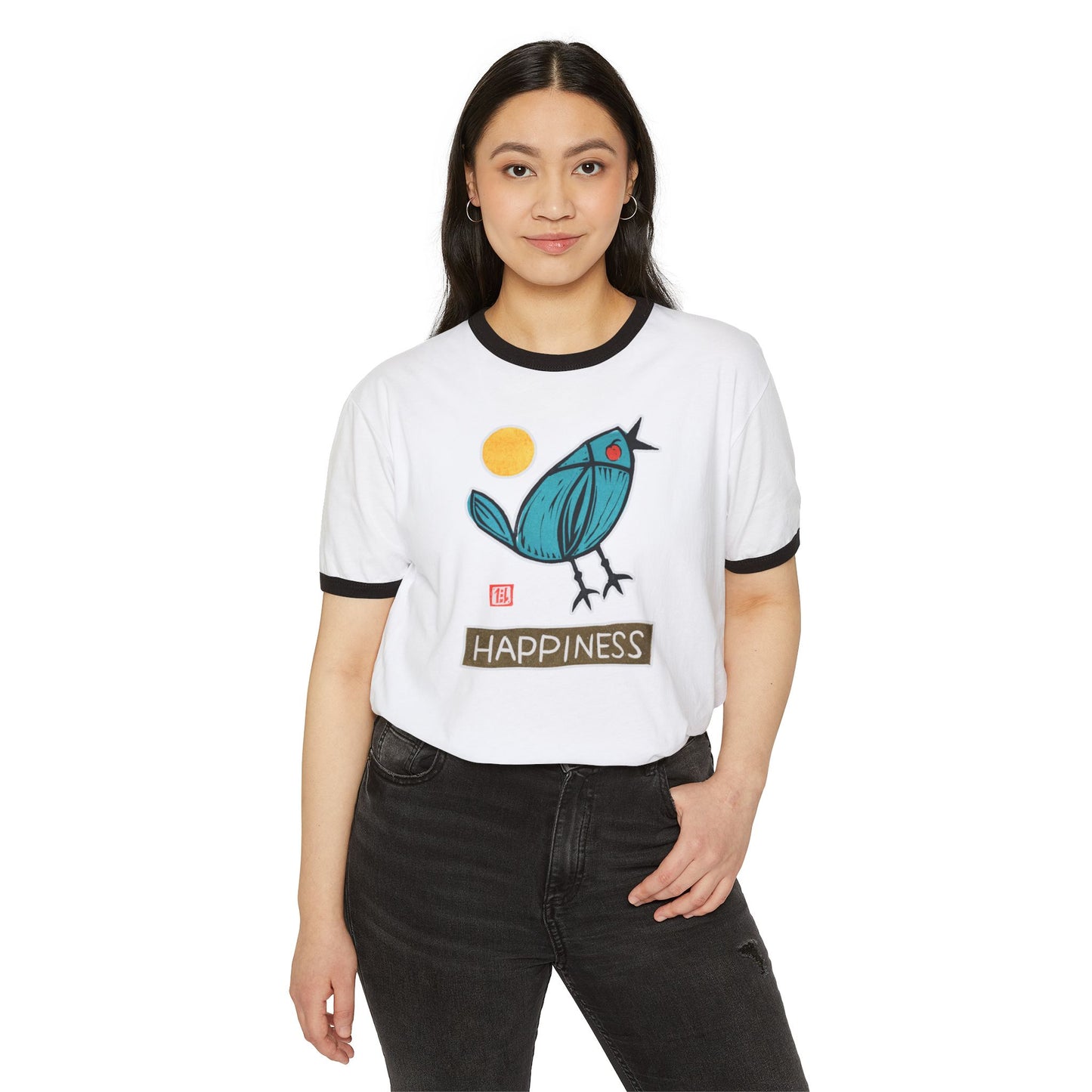 Vintage Style Bird Shirt | "Happiness" Cotton Ringer | Cute Whimsical Graphic Tee