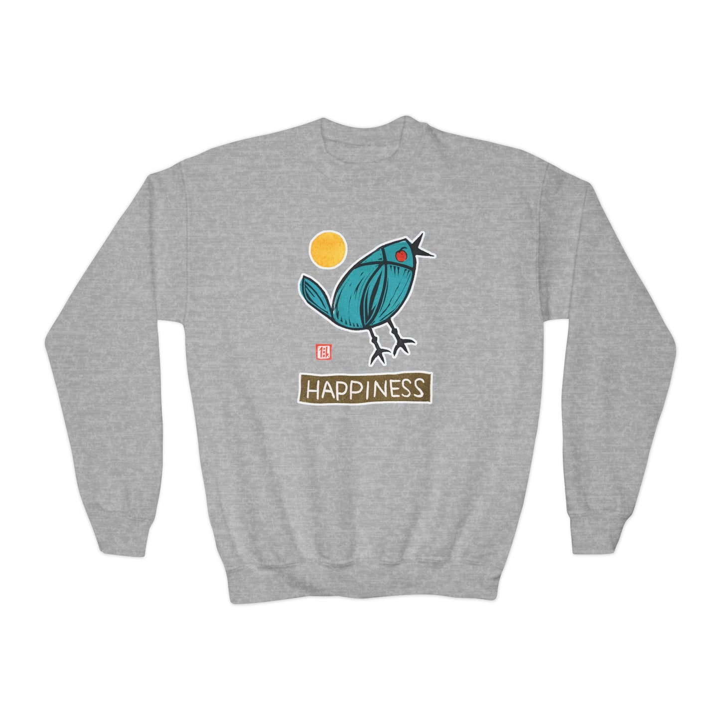"Happiness" Kids Graphic Sweatshirt | Small Good Things Bluebird Pullover | Youth Crewneck