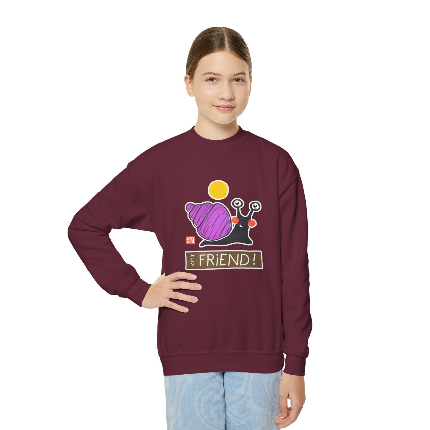 "Hey Friend!" Kids Graphic Sweatshirt | Small Good Things Snail Pullover | Youth Crewneck