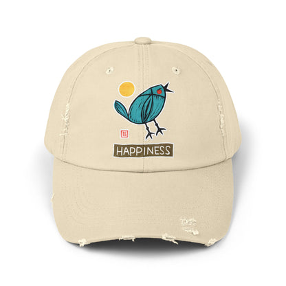 Meaningful Bluebird Distressed Cap | "Happiness" Baseball Hat | Personal Growth Accessory
