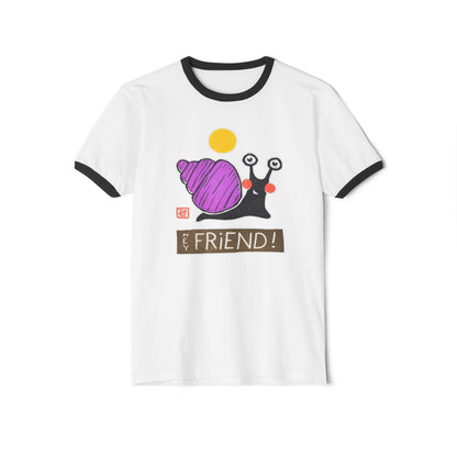 Funny Snail Ringer Tee | "Hey Friend" Graphic T-Shirt | Retro Gift for Bestie
