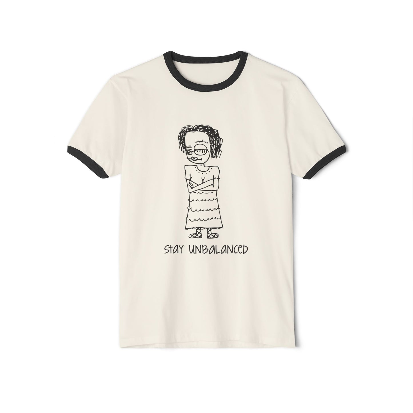 Stay Unbalanced Ringer T-Shirt — Hand-Drawn Tattoo Girl Graphic