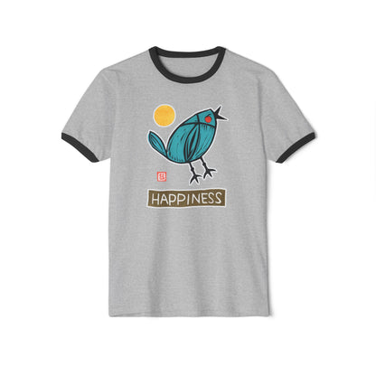Vintage Style Bird Shirt | "Happiness" Cotton Ringer | Cute Whimsical Graphic Tee
