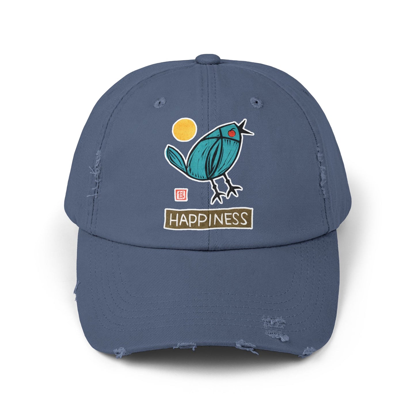 Meaningful Bluebird Distressed Cap | "Happiness" Baseball Hat | Personal Growth Accessory