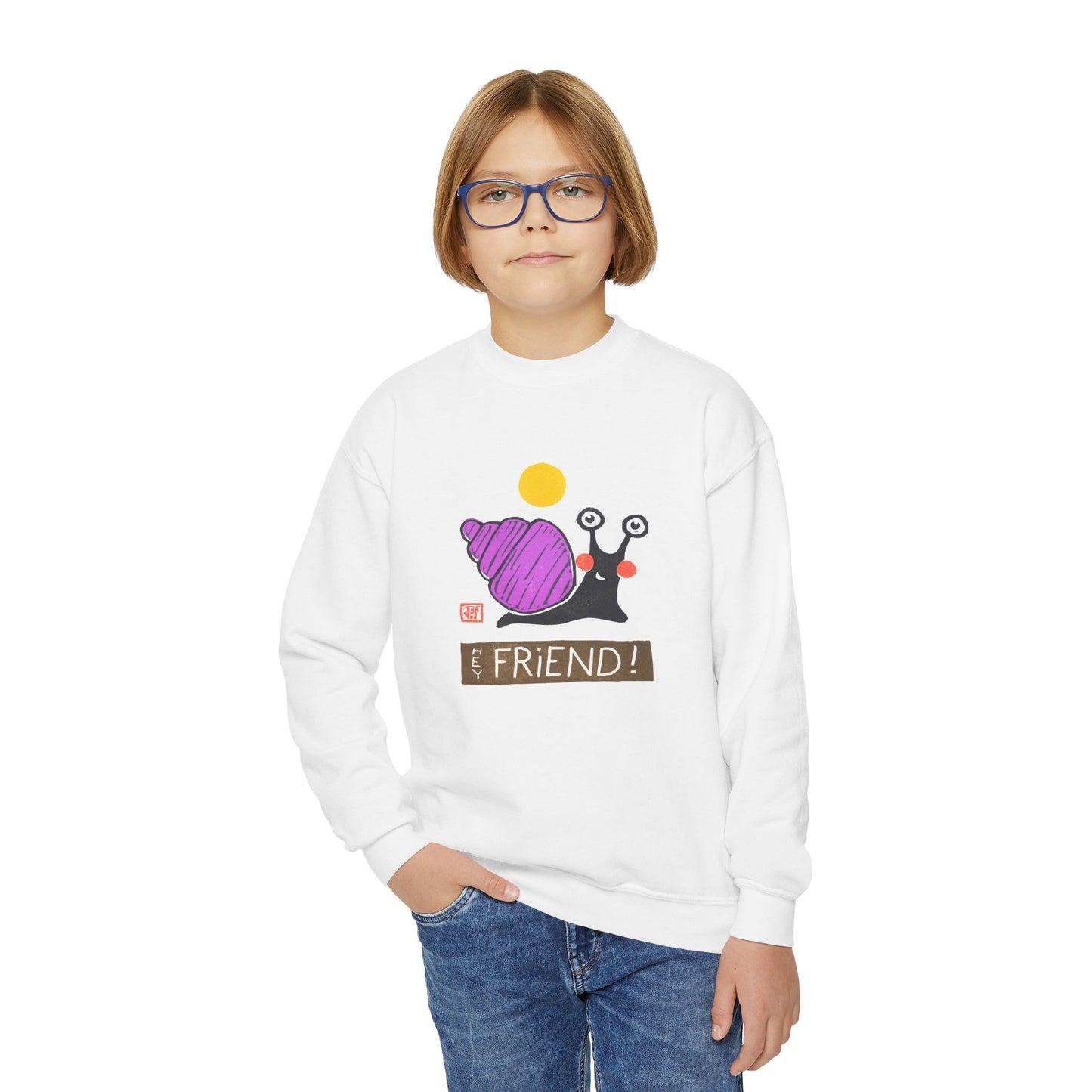 "Hey Friend!" Kids Graphic Sweatshirt | Small Good Things Snail Pullover | Youth Crewneck