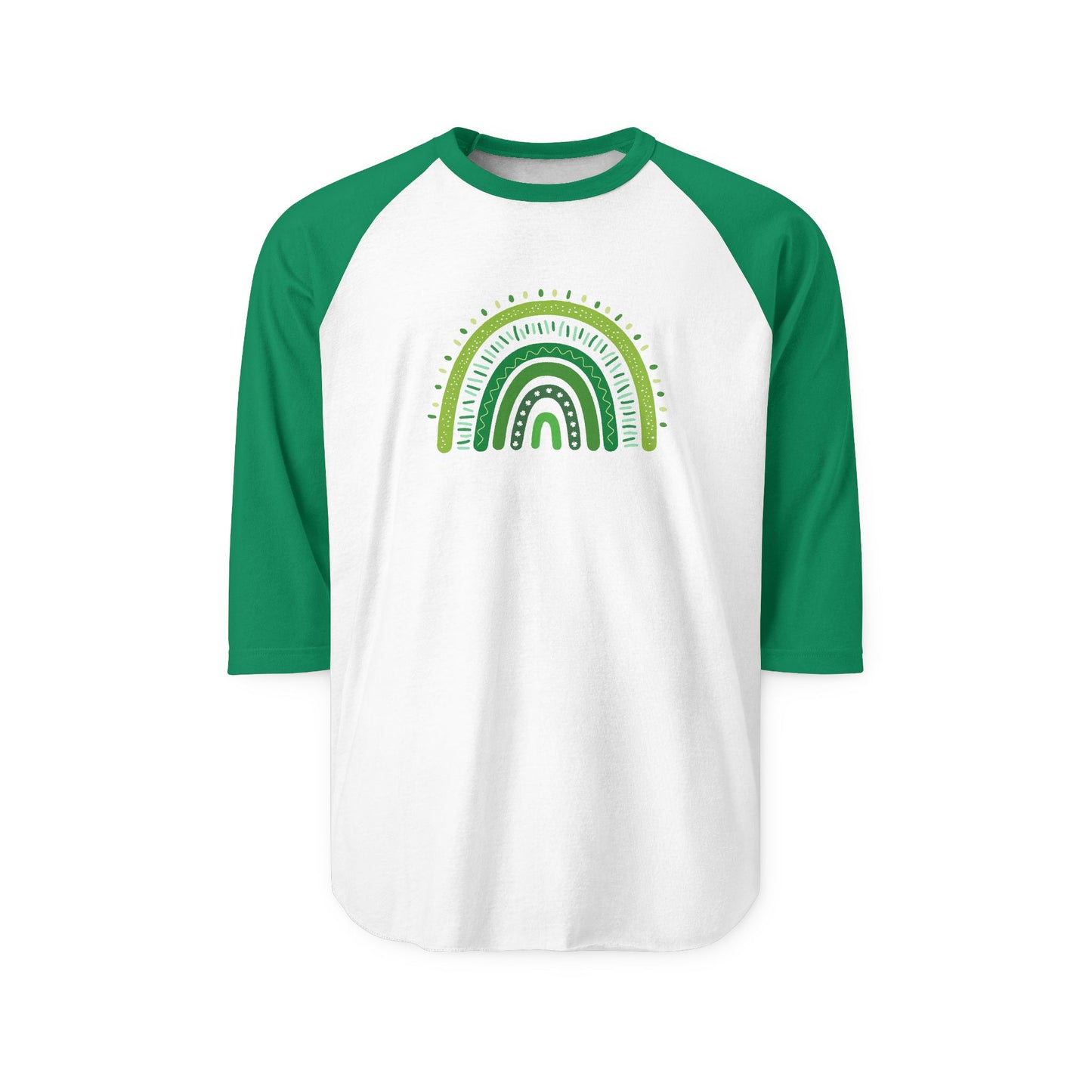 Lucky Shamrock 3/4 Sleeve Raglan Shirt | Green Rainbow & Clover Graphic | St. Patrick's Day Apparel