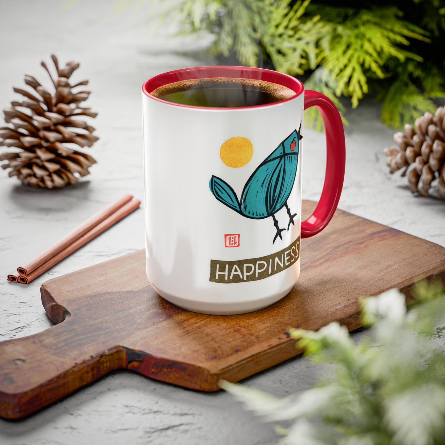 Happy Bird Coffee Mug | "Happiness" Ceramic 15oz | Inspirational Gift for Bird Lovers