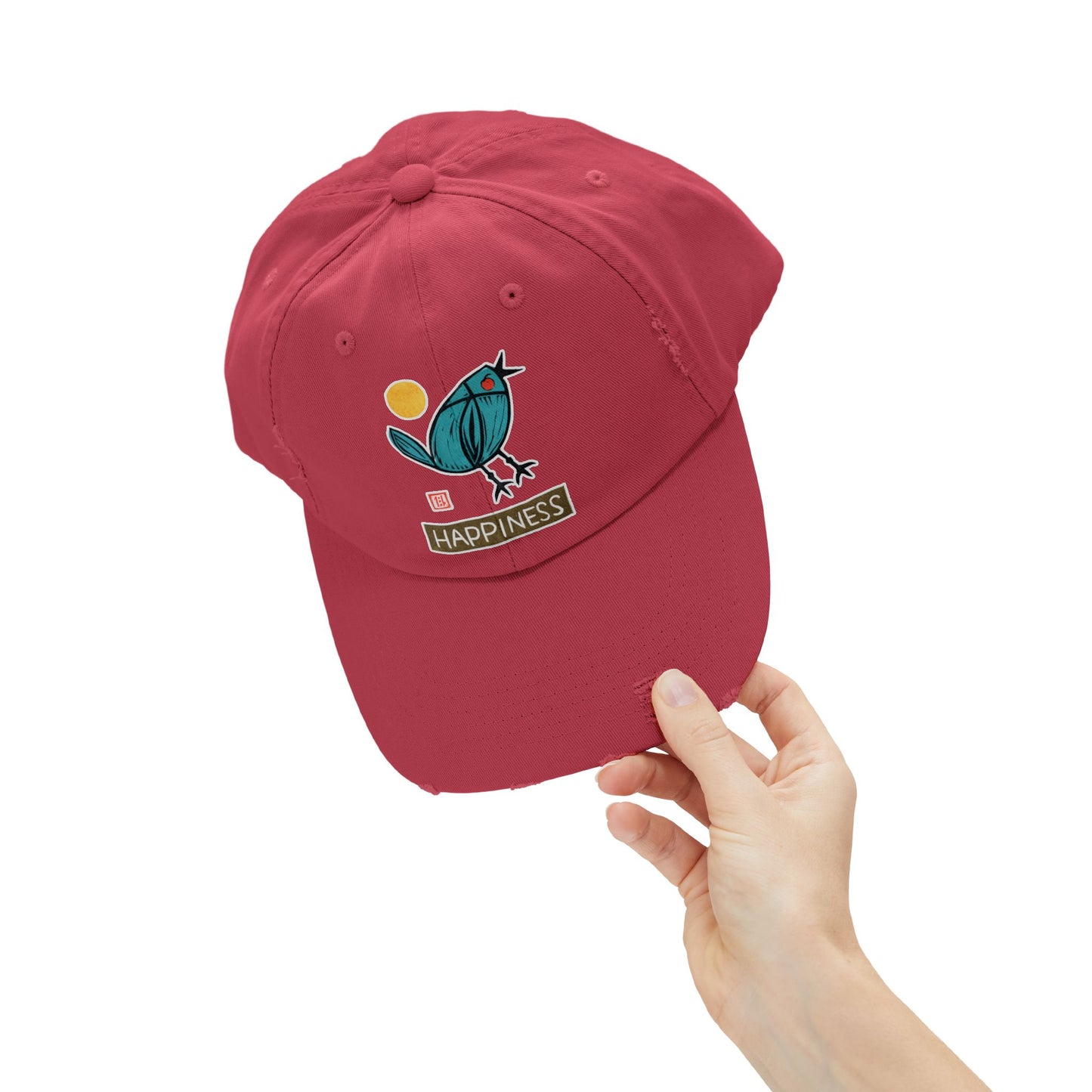 Meaningful Bluebird Distressed Cap | "Happiness" Baseball Hat | Personal Growth Accessory
