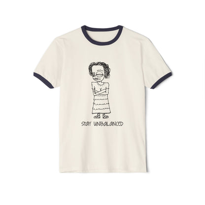 Stay Unbalanced Ringer T-Shirt — Hand-Drawn Tattoo Girl Graphic