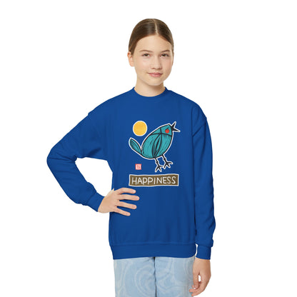 "Happiness" Kids Graphic Sweatshirt | Small Good Things Bluebird Pullover | Youth Crewneck