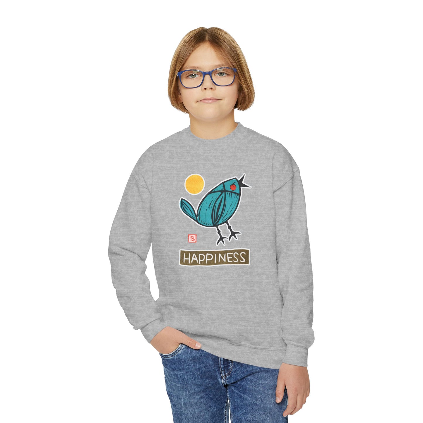 "Happiness" Kids Graphic Sweatshirt | Small Good Things Bluebird Pullover | Youth Crewneck