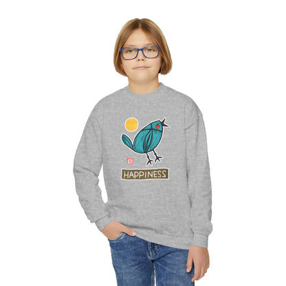 "Happiness" Kids Graphic Sweatshirt | Small Good Things Bluebird Pullover | Youth Crewneck