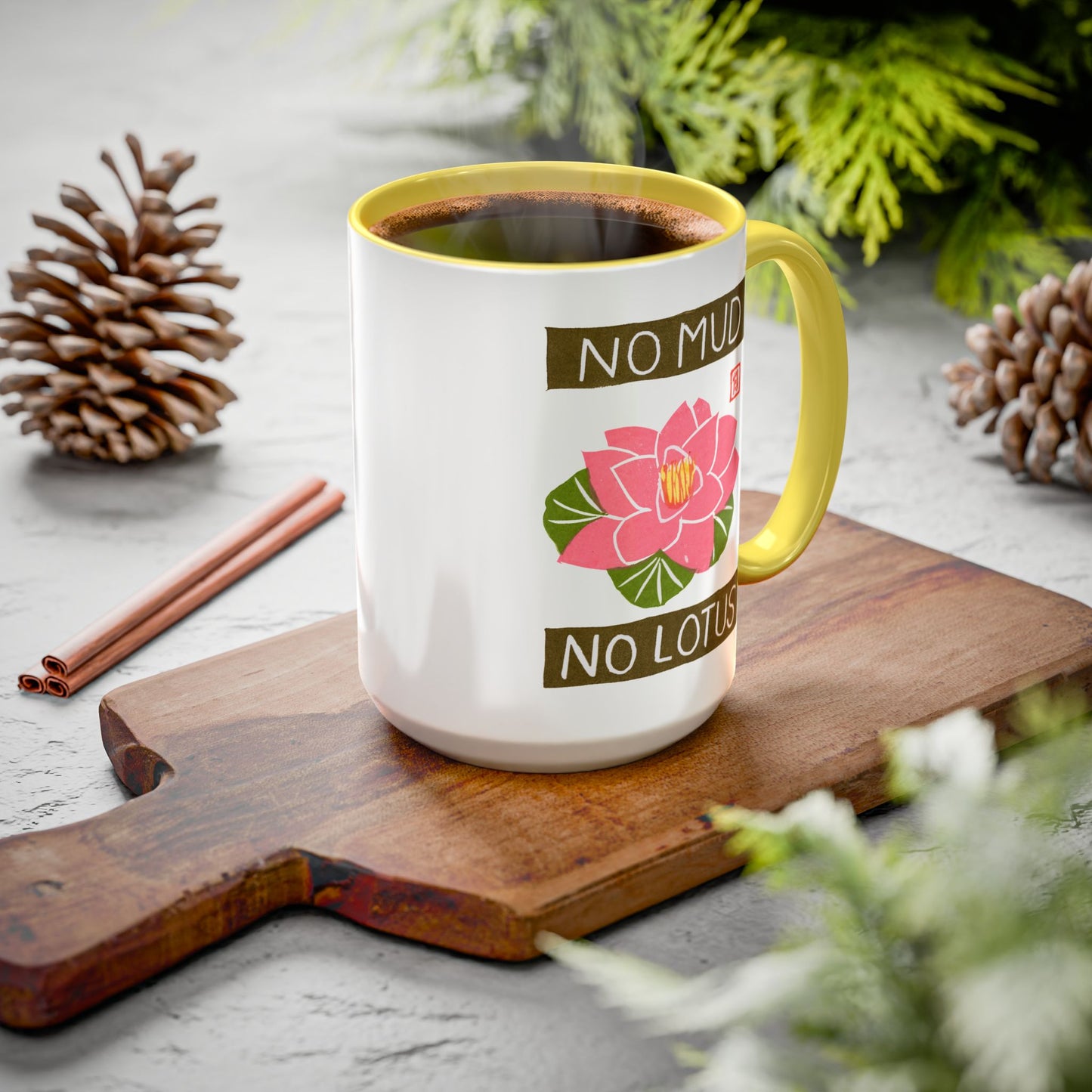 Inspirational Lotus Mug | "No Mud No Lotus" Ceramic 15oz | Yoga & Meditation Gift