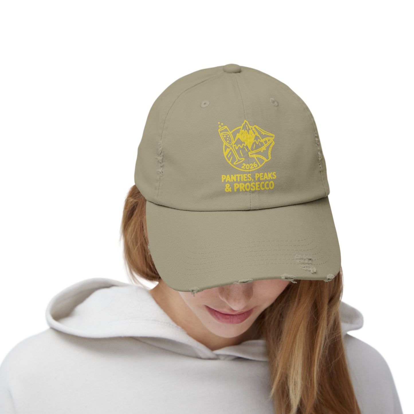 Distressed Cap — 'Panties, Peaks & Prosecco' Embroidered Mountain Hat