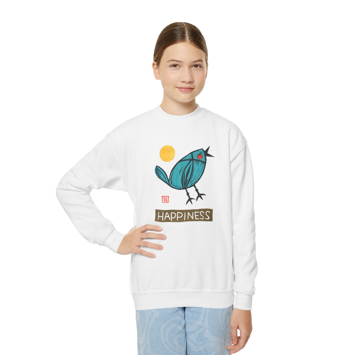 "Happiness" Kids Graphic Sweatshirt | Small Good Things Bluebird Pullover | Youth Crewneck