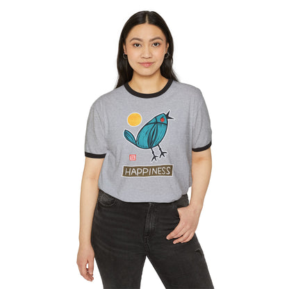 Vintage Style Bird Shirt | "Happiness" Cotton Ringer | Cute Whimsical Graphic Tee