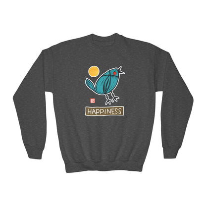 "Happiness" Kids Graphic Sweatshirt | Small Good Things Bluebird Pullover | Youth Crewneck