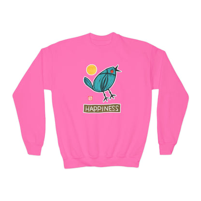 "Happiness" Kids Graphic Sweatshirt | Small Good Things Bluebird Pullover | Youth Crewneck