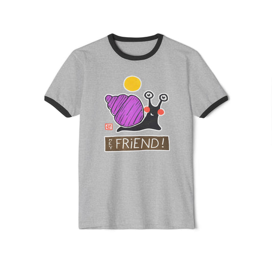Funny Snail Ringer Tee | "Hey Friend" Graphic T-Shirt | Retro Gift for Bestie