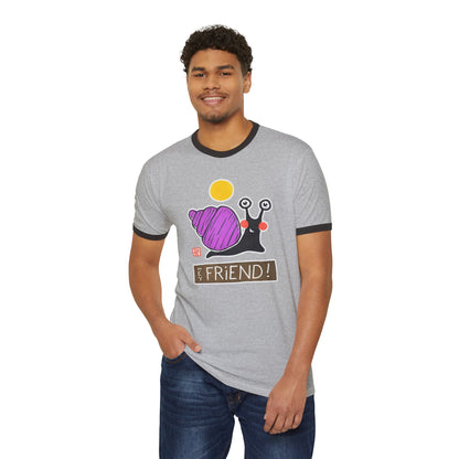 Funny Snail Ringer Tee | "Hey Friend" Graphic T-Shirt | Retro Gift for Bestie