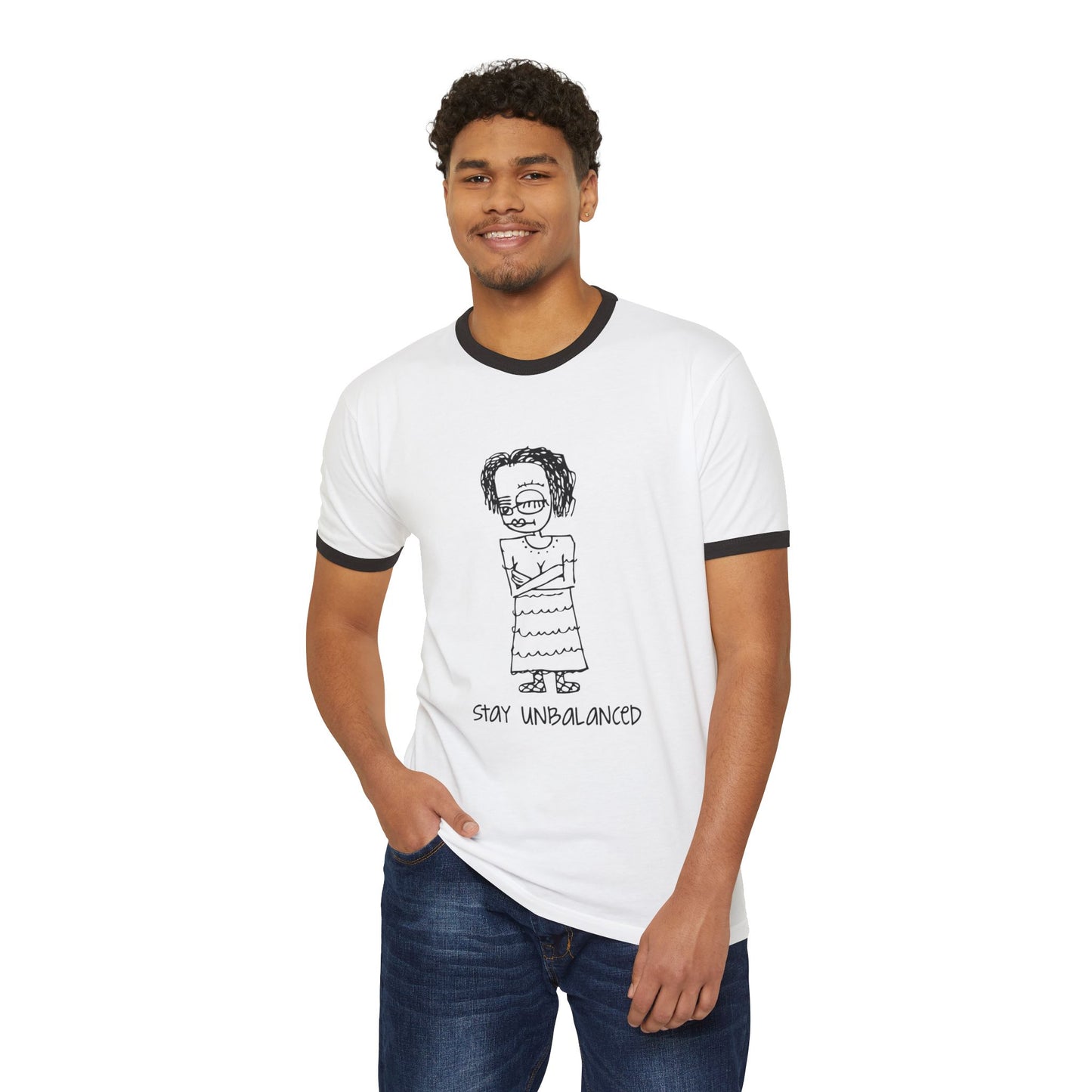 Stay Unbalanced Ringer T-Shirt — Hand-Drawn Tattoo Girl Graphic